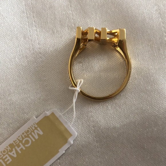 Michael Kors Gold Plated Brass Gold Tone MK Logo Ring Crystal Accents Size 8 NWT - Picture 9 of 13